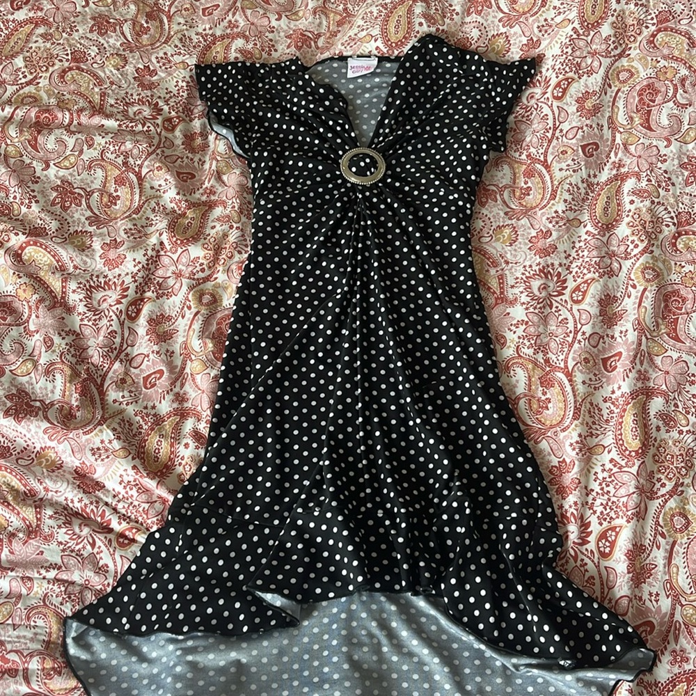 Y2K polka dot black and white dress with silver buckle and tie back